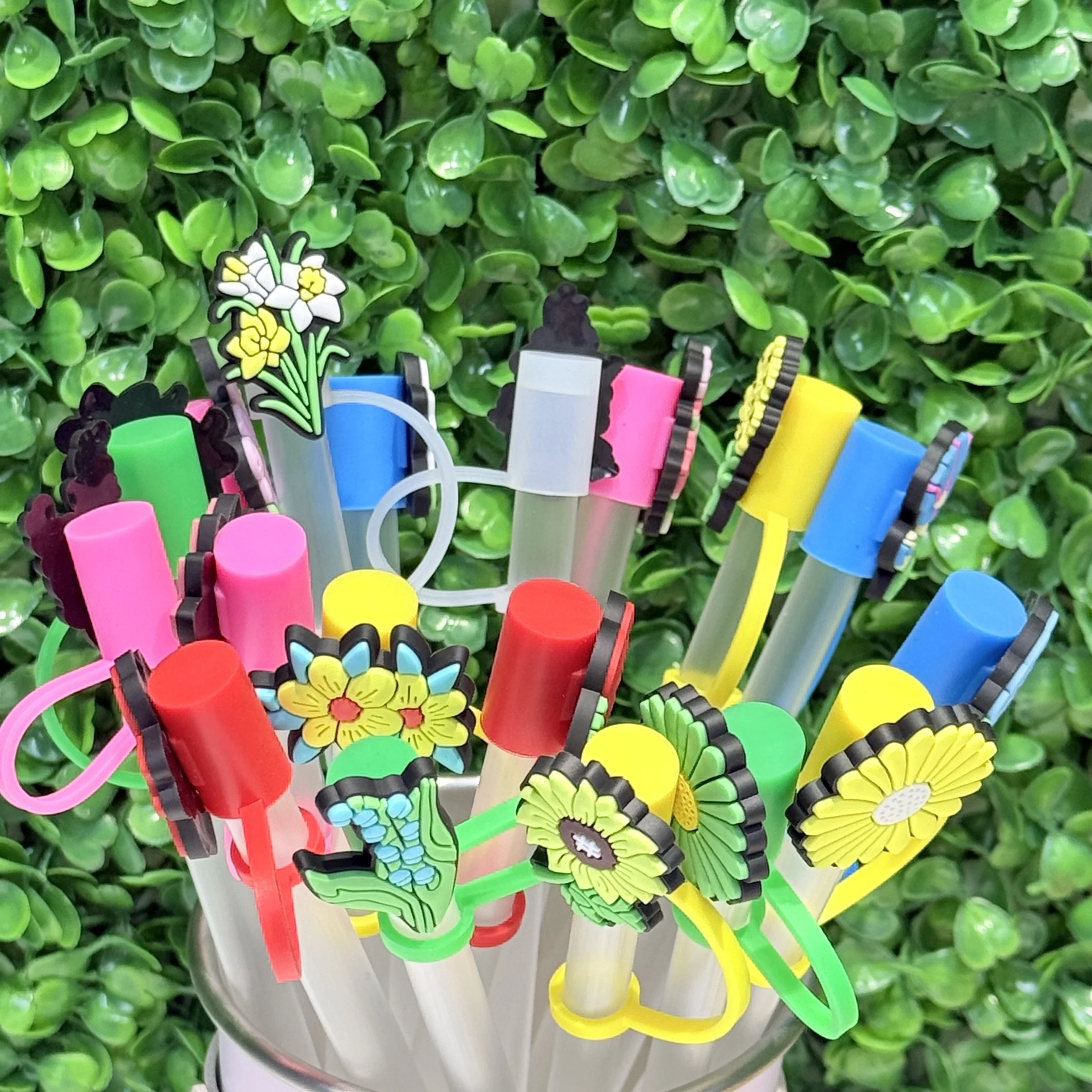 1-18Pcs Plant Flowers Rose Daisy Silicone 10mm Straw Cover Caps 30&40 Oz Tumble Dust-Proof Reusableaw Sleeve Lid Accessories