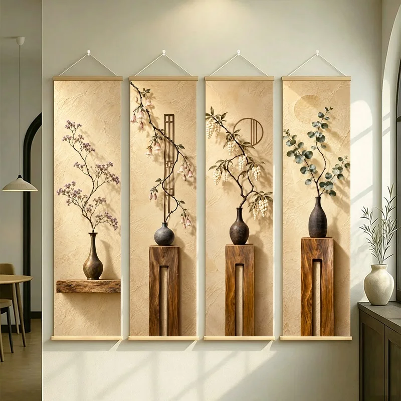 Wall Art Fuchsia and Succulent, Serene Wabi-Sabi Botanical Silver Shimmer Canvas Hanging Scroll for Peaceful Reading Nook