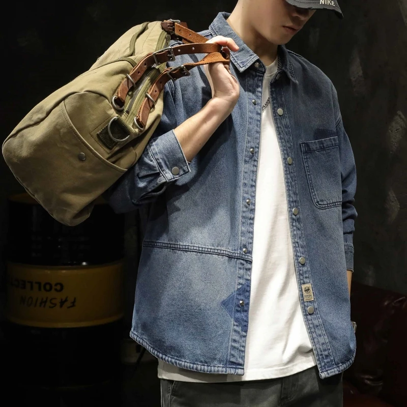 

American Sle Heavyweight Men's Denim irt Spring Autumn Loose Workwear Jaet Multi ket Button Decorated Casual irt