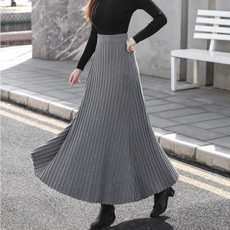 Winter Cashmere Maxi Long Knitted Skirts Thickening Rib Knitted Swing A-line Flared Ankle Length Knit Skirts Brown Ivory Gray