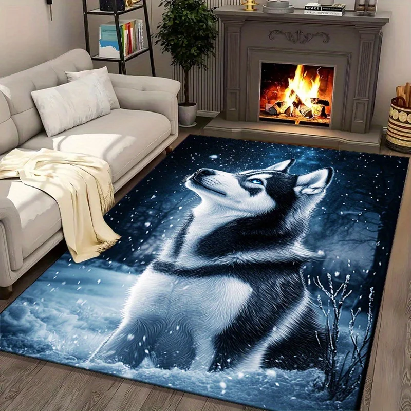 Winter Husky Rug for Cozy Living Spaces | Snowy Dog Print Carpet with Arctic Theme | Warm and Inviting Home Decor