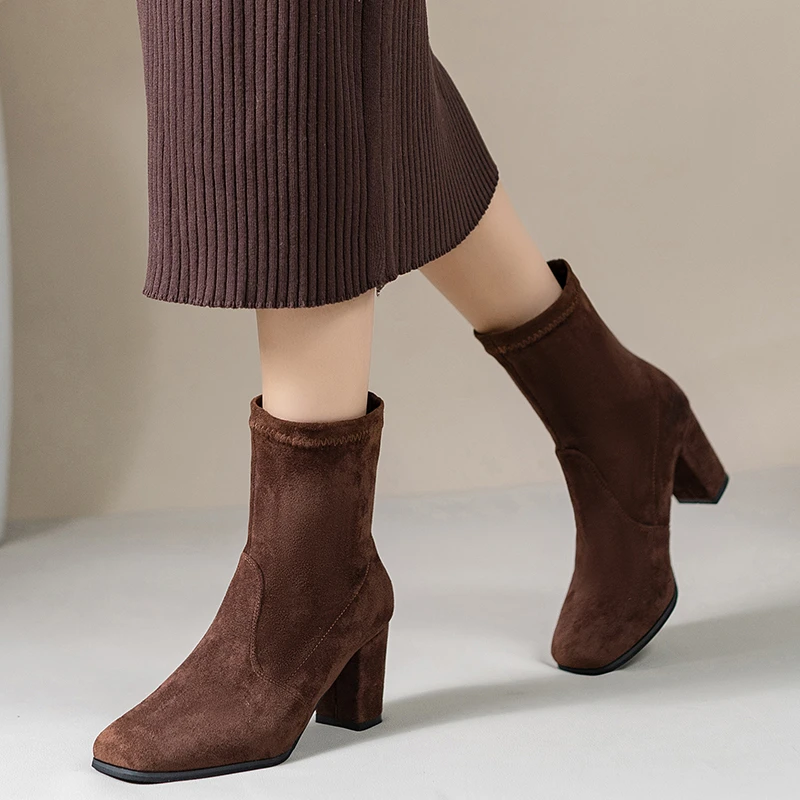 

High Heels Ankle Boots Women Suede Chunky Shoes 2025 Elegant New Fashion Snow Boots Winter Party Chelsea Pumps Woman Zapatos