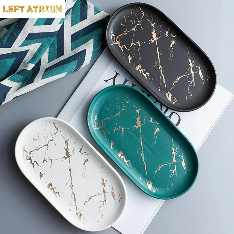 Marble Pattern Ceramic Storage Tray Oval Jewelry Ring Tray Bathroom Mouth Cup Lotion Bottle Storage Trays Bathroom Accessories