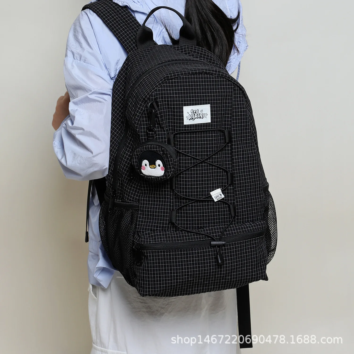 Drawstring checkered striped backpack, polyester lightweight workwear, water-resistant student hiking backpack