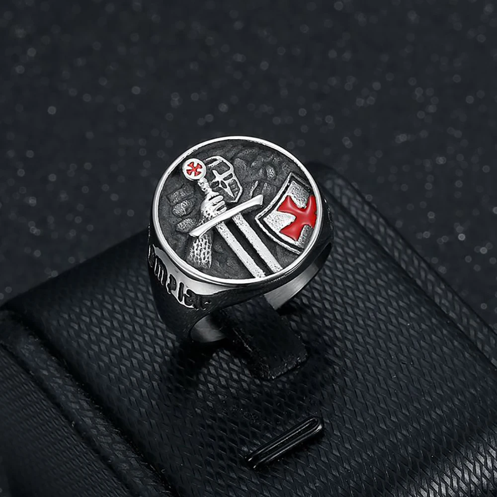 Vintage Red Armor Shield Knight Templar Crusader Ring Stainless Steel Cross Round Rings For Men Punk Amulet Jewelry Wholesale
