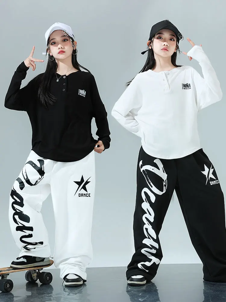 子供 Kpop ヒップホップ服黒、白ルーズ V ネック Tシャツカジュアルスウェットジョガーパンツ女の子ジャズダンスの摩耗衣装服