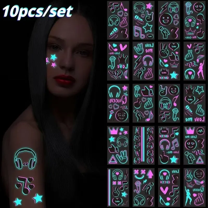 10 pçs conjunto de tatuagens brilhantes cor temporária brilhante luminosa à prova dwaterproof água tatuagem adesivo para tik tok adesivos festa bar boate