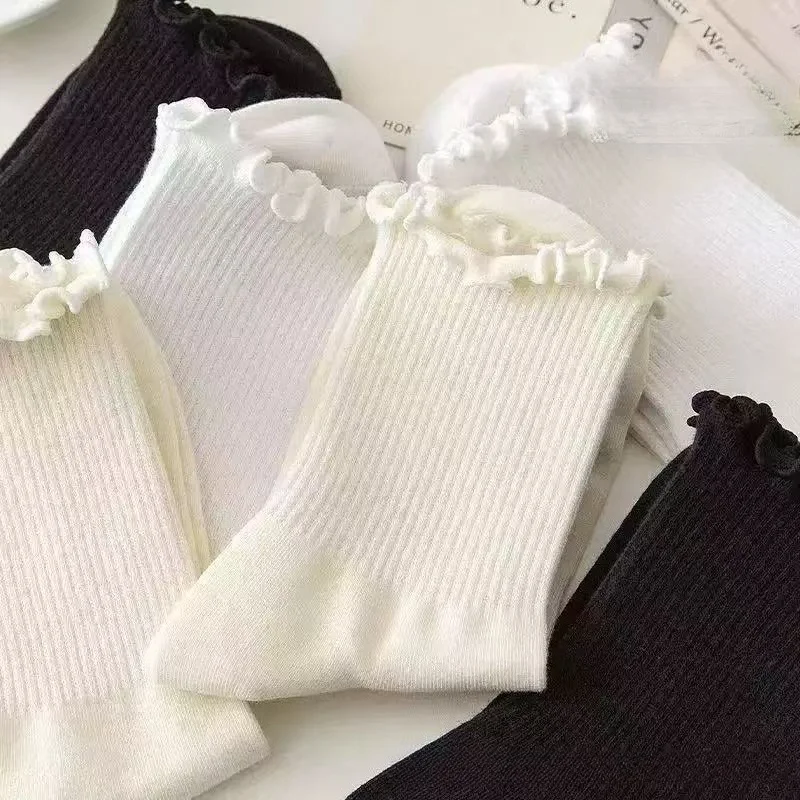 5 Pairs Women's White and Black Knit Coquette Socks Adult ruffle School Socks for Girls Casual Cozy Frilly Socks Hosiery 2026