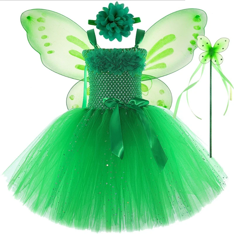 Kids Green Fairy Tutu Dress Glitter Girls Flower Fairy Costume for Girls Halloween Birthday Party Princess Dress Up with Wings