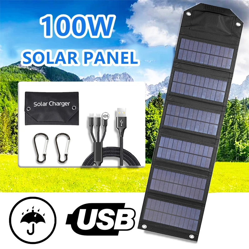 100W Folding Solar Panel USB 5V Waterproof Solar Charger Portable Mobile Solar Power Bank for Outdoor Camping Hiking with Cable