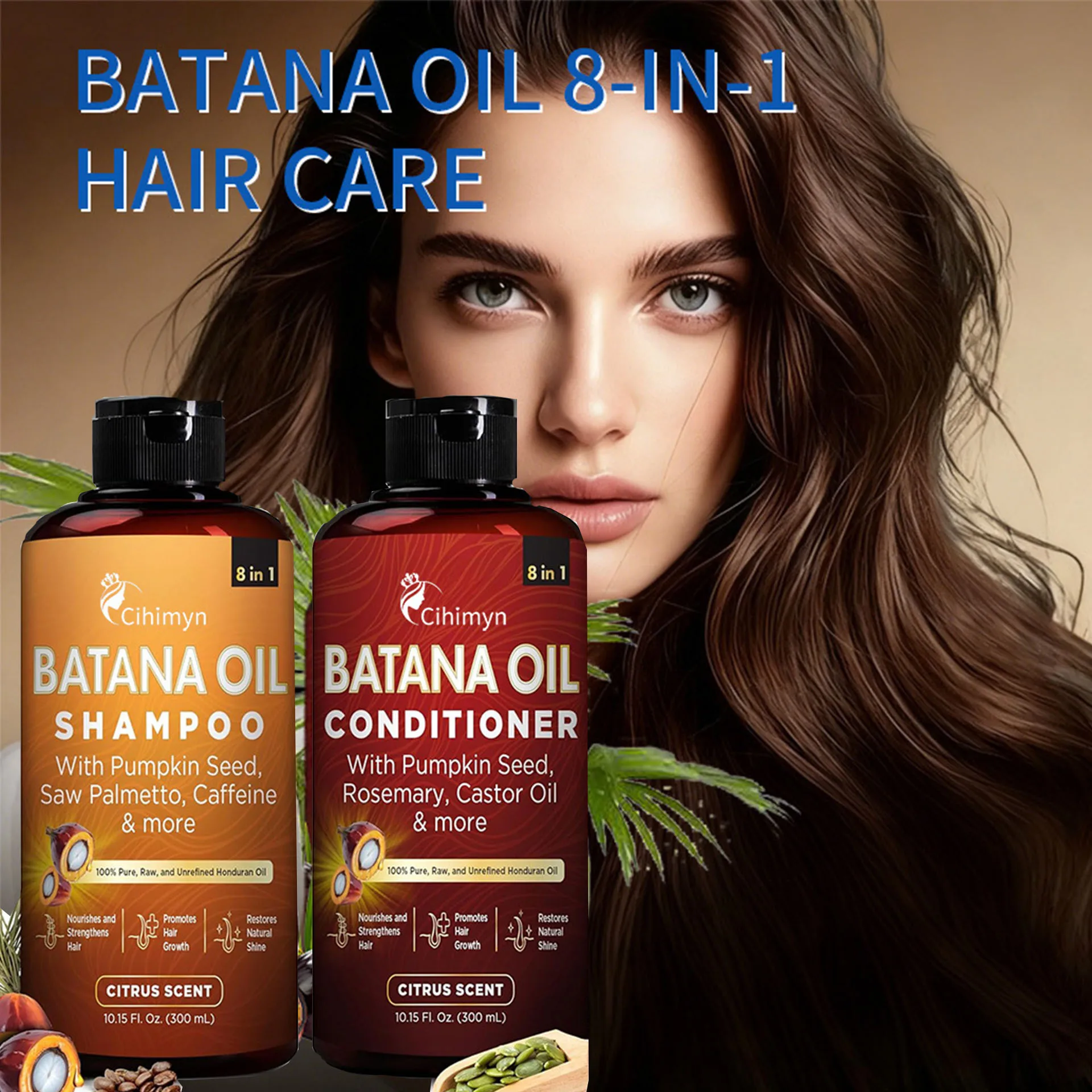 Kit de lavado 8 en 1 con champú, acondicionador y aceite de batana, suavizante, anti-frizz, promueve el crecimiento, limpieza, cuidado del cabello con aceite de batana, 300 ml