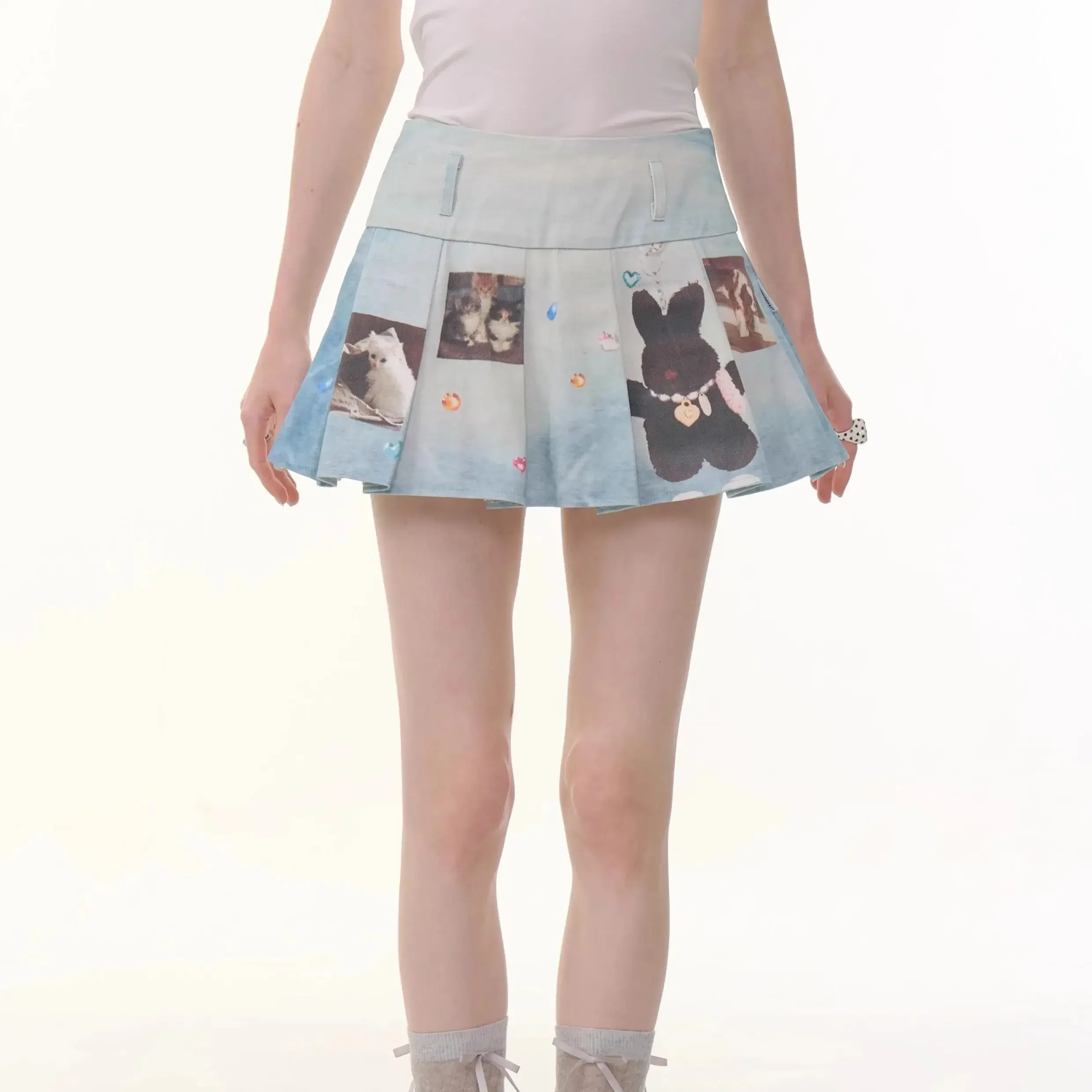 New Fashion Cartoon Printed Denim Skirt Women High Waist Slim Mini Skirts Summer A-line Pleated Retro Jupe Streetwear Y2k