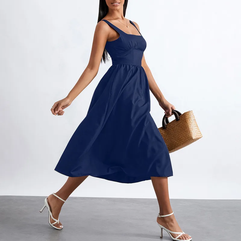 WPNAKS-فستان نسائي متوسط الطول بدون أكمام ، ملابس حفلات مسائية ، فستان أنيق أحادي اللون عالي الخصر ، ملابس الشارع عاري الظهر ، الصيف