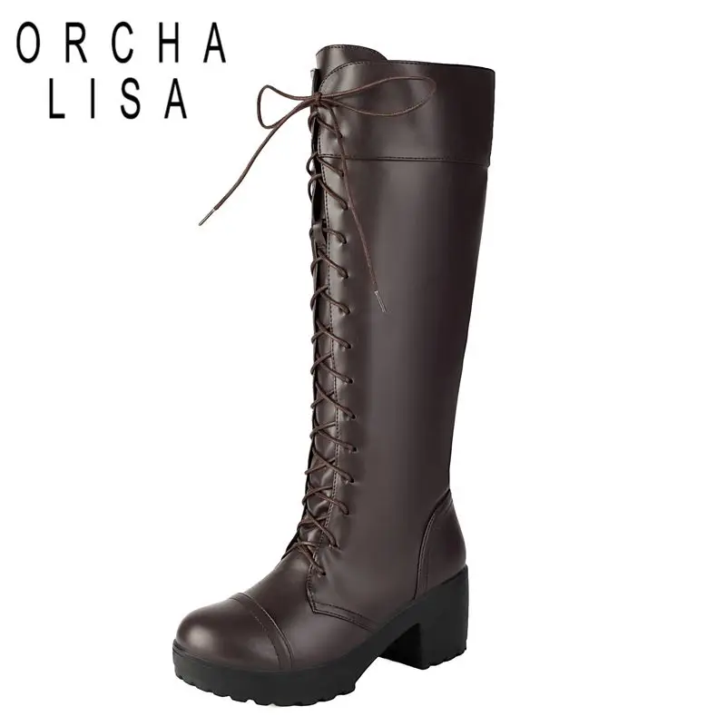 ORCHA LISA 2025 Женские сапоги до колена с круглым носком и блочным каблуком 5,5 см, платформа 2,5 см, молния, шнуровка, большие размеры 46 47 48 Leisure Bota