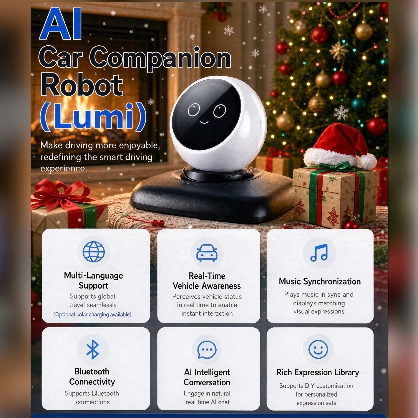 Christmas Gift Cute Emoji AI Car Companion Chat Robot Lumi Music Bluetooth Voice Recognition Driving Assistant Talking Home Desk