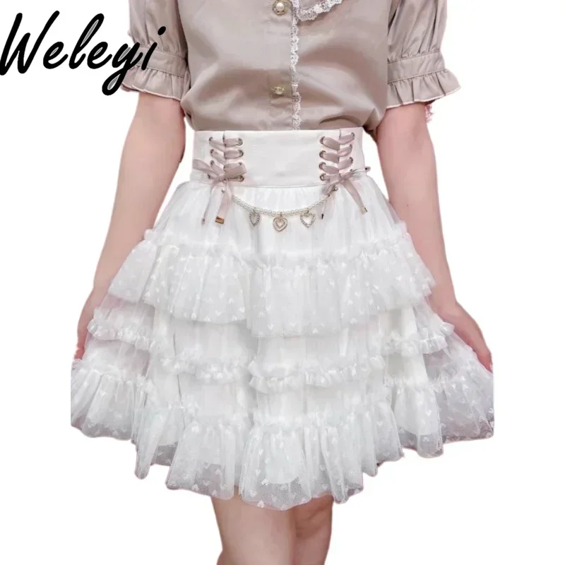 Kawaii Lolita Skirt Japanese Fashion Mass Production Line Front Placket Cake Faldas Bow Hip Covering Irregular Soft Sister Jupes