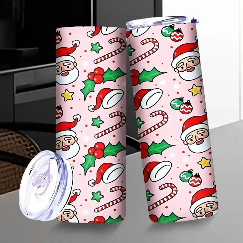 1pc 20oz Insulated Stainless Steel Tumbler with Lid & Straw - Christmas Santa Claus & Candy Cane Design Double-Wall Vacuum Insulation, Leakproof Spill-Proof Travel Mug with Non-Slip Grip, Reusable Coffee Cup for Hot/Cold Drinks, Holiday Gift