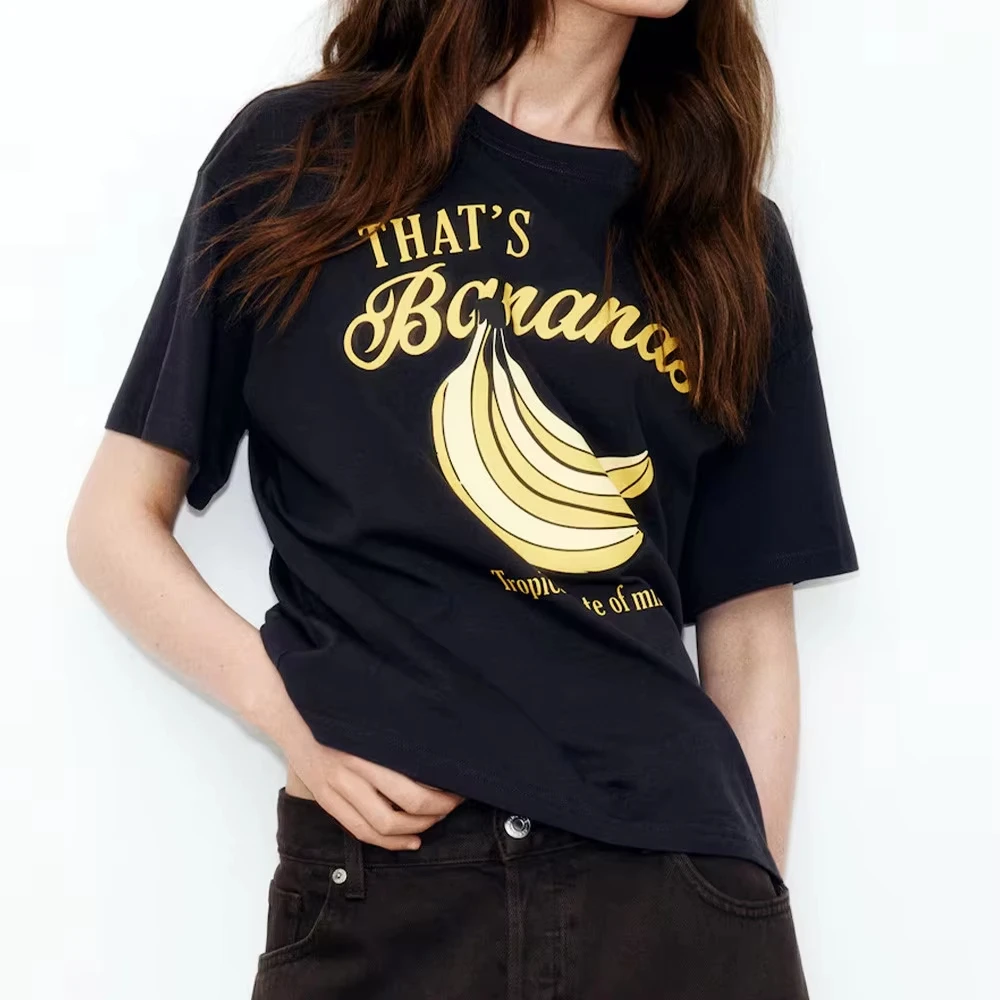 

That's Bananas Printing Graphic Black Cotton T Shirts Female Loose Casual Crewneck Short Sleeve Tees Ins Fashion Elegant Tops