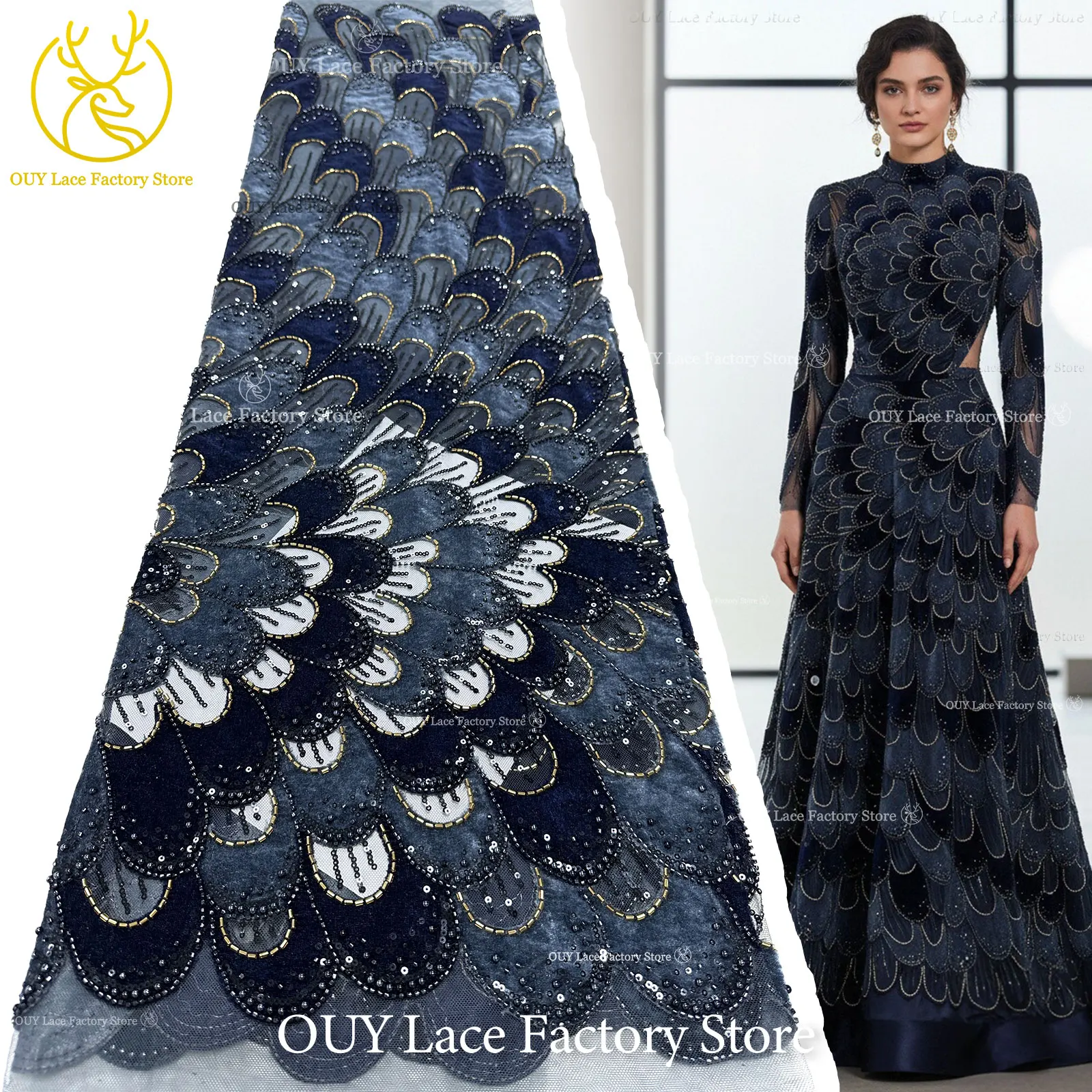 Navy Blue Nigerian DIY Handmade Stitching Embroidery Velvet Beaded Lace African Sequins Lace Fabric For Evening Wedding Dress