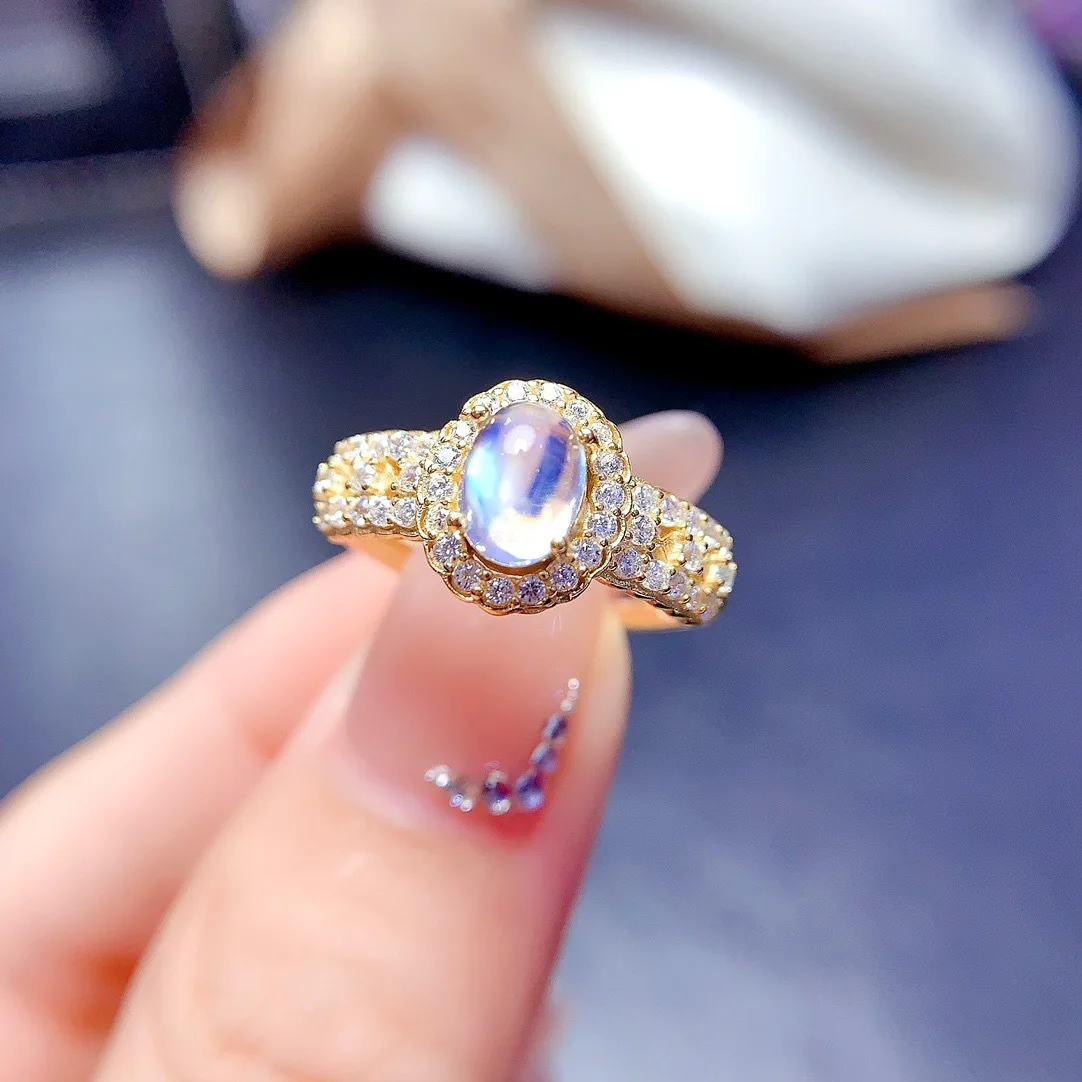 5x7mm Oval Natural Moonstone Diamond Ring, Handmade 925 Sterling Silver Ring Spessartite Ring, Gift for Her, Anniversary Gift