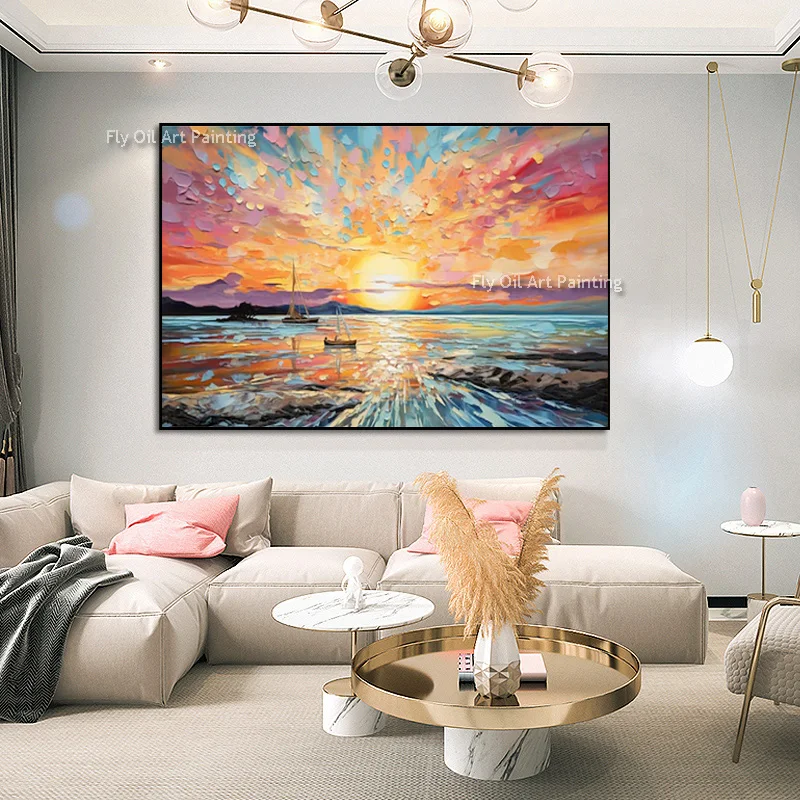 Hand‑Painted Impasto Seascape Oil Painting, Colorful Sunset Ocean Canvas, Handmade Thick Texture Coastal Wall Art for Home Decor