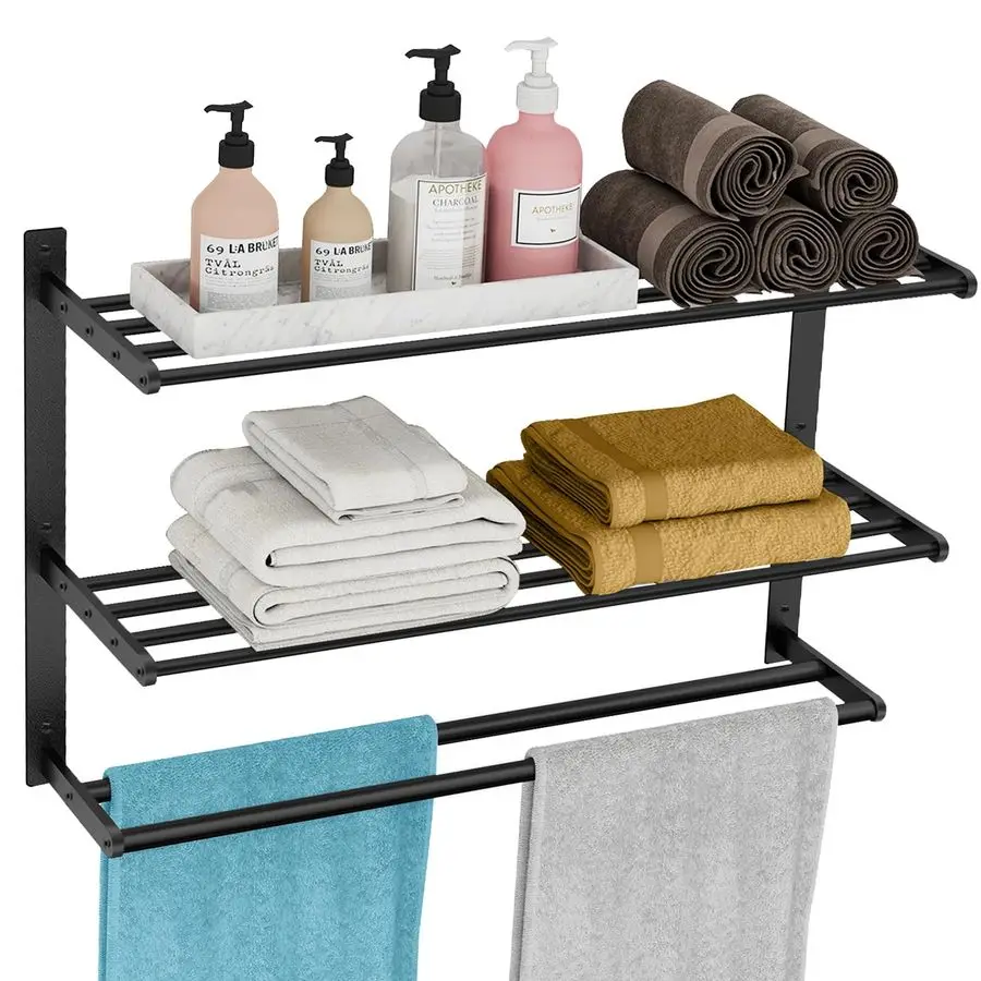 

Racks for Bathroom 24 Inch, 3 Tier Towel Shelf with Double Towel Bar, Wall Mounted Towel Rack SUS 304 Stainless Steel, Towel Sto
