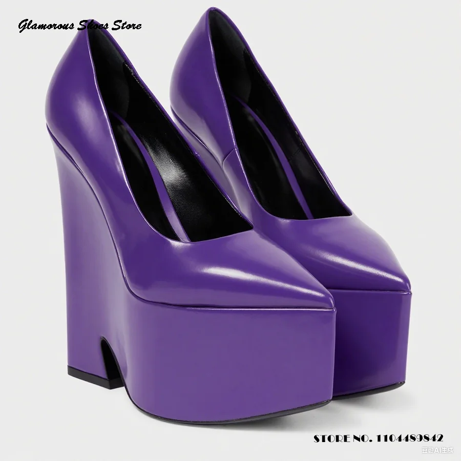 

Purple Platform Wedges Leather Pumps Women's Pointed Toe Height Increasing Party Shoes Spring Summer Fashion Pull On High Heels