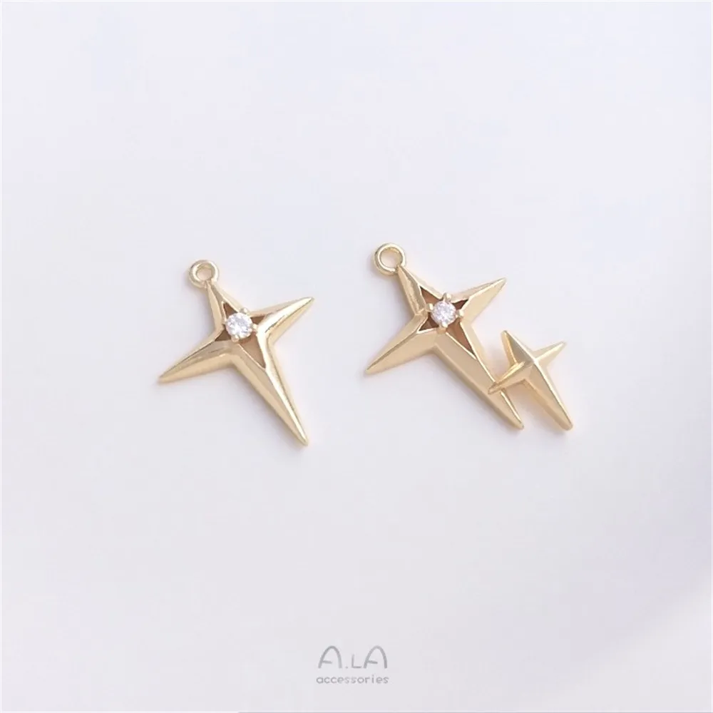 

Inlaid with Zircon 14K Gold Cross Shaped Star Pendant DIY Necklace Earring Charms Pendant K485