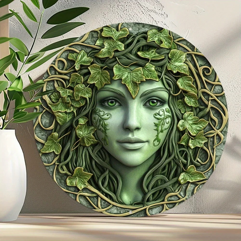 2D Aluminum Round Metal Sign, Green Tree Woman Face Theme Decor, Flat Circular Wreath Sign, Suitable for Halloween Christmas
