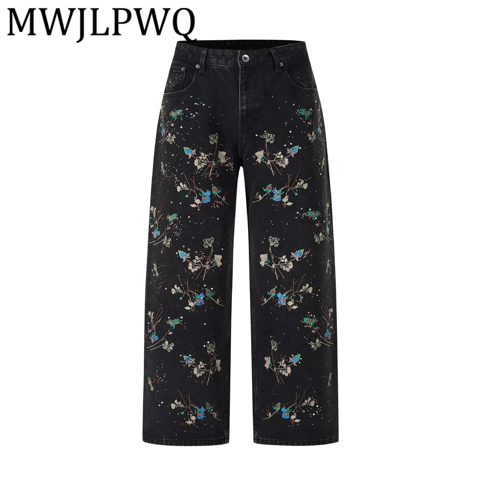 

MWJLPWQ Американские тяжелые промышленные двухсекционные прямые джинсы с вышивкой для мужчин, уличные свободные широкие модные брюки 12303