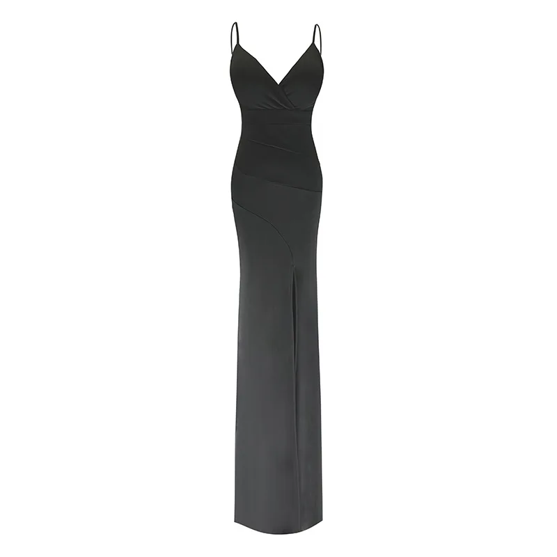 

Sexy V-neck Spaghetti Straps High Split Long Formal Evening Dress Black