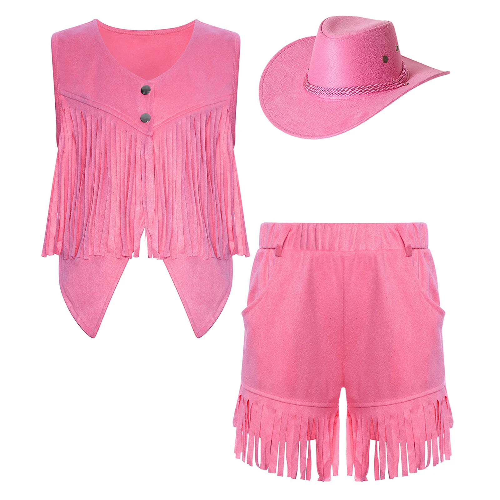 Kids Girls Boys 3Pieces Cowgirl Cowboy Costume Sleeveless Irregular Hem Press Buttons Faux Suede Fringe Vest+Shorts+Hat Set view 2