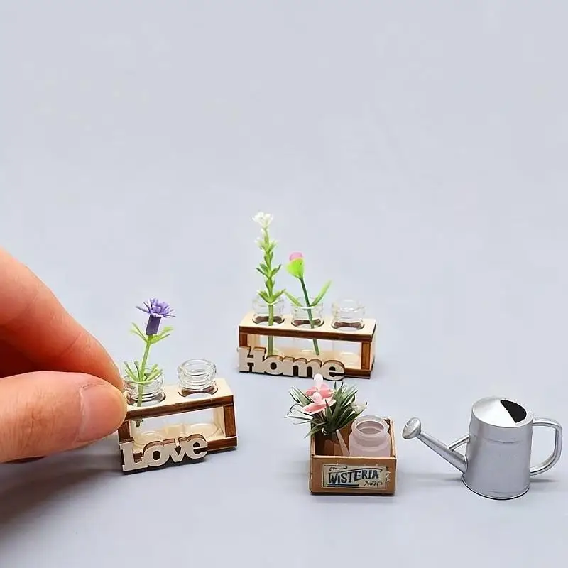 1Pcs Small Glass Rose Vase Model 1:12 Scale Dollhouse Mini Wooden Hydroponic Flower Stand Creative Home Garden Decor Plaything