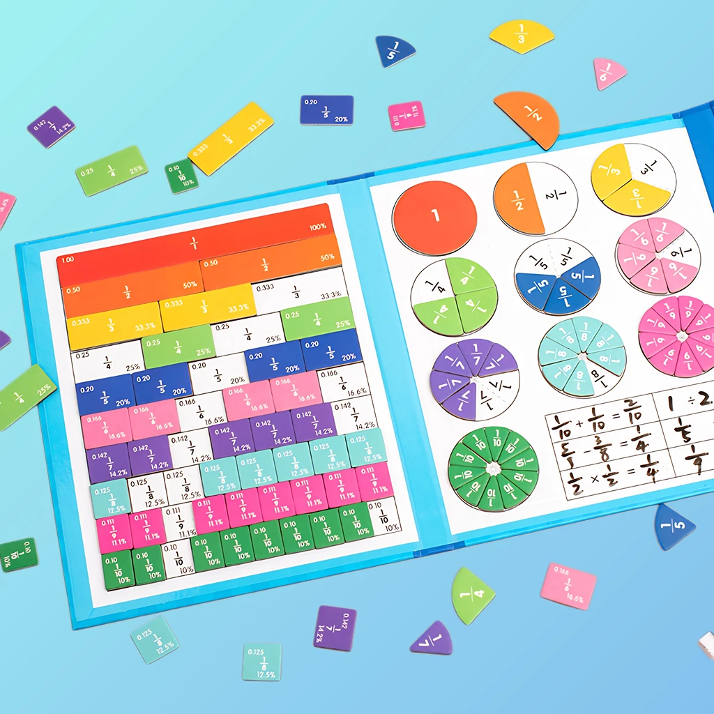 أقراص الكسور المغناطيسية الرياضية، أداة تعليمية لمقارنة حجم الكسور، غطاء موضوع كرتوني على شكل ديناصور