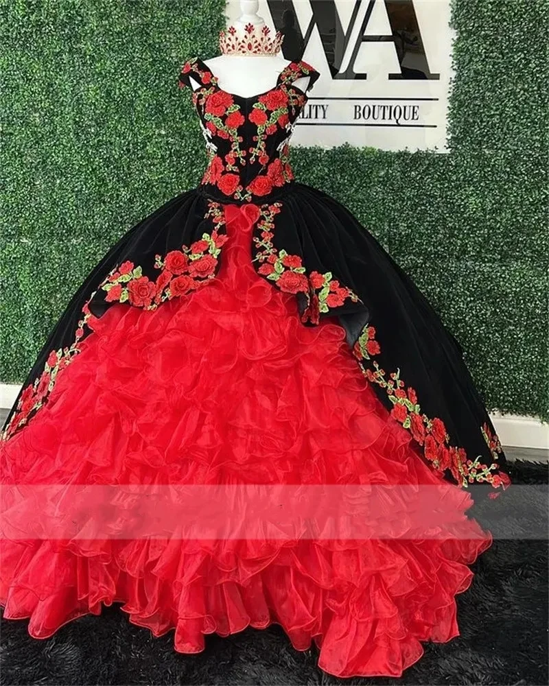 Customized Red Black Quinceanera Dresses Big Bow Ruffle Mexican Sweet 16 Dresses Vestidos De 15 Años Princess Birthday Part