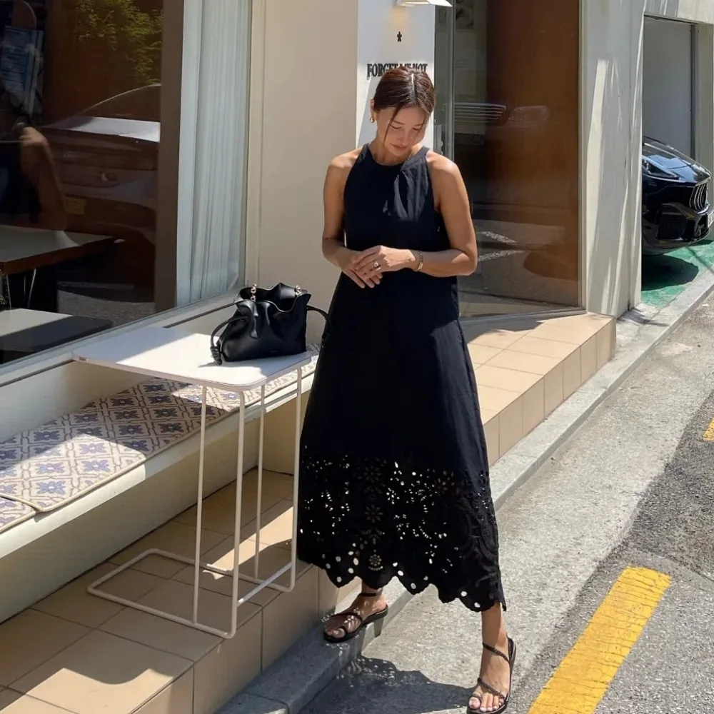 100% puro cotone vintage lungo vestito dal carro armato delle donne di estate halter pizzo orlo cavo senza maniche allentato a-line vestito estivo femminile 2025