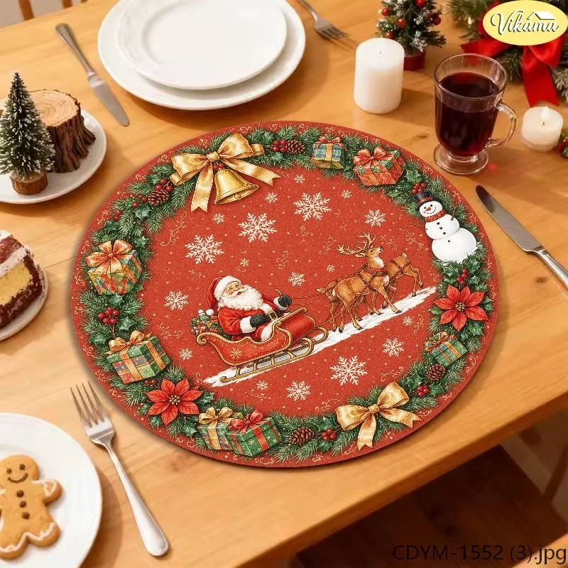 VIKAMA Christmas Round Placemats Red Pine Wreath Gold Bow Bell Gift Poinsettia Santa Sleigh Reindeer Snowman Mat Decor