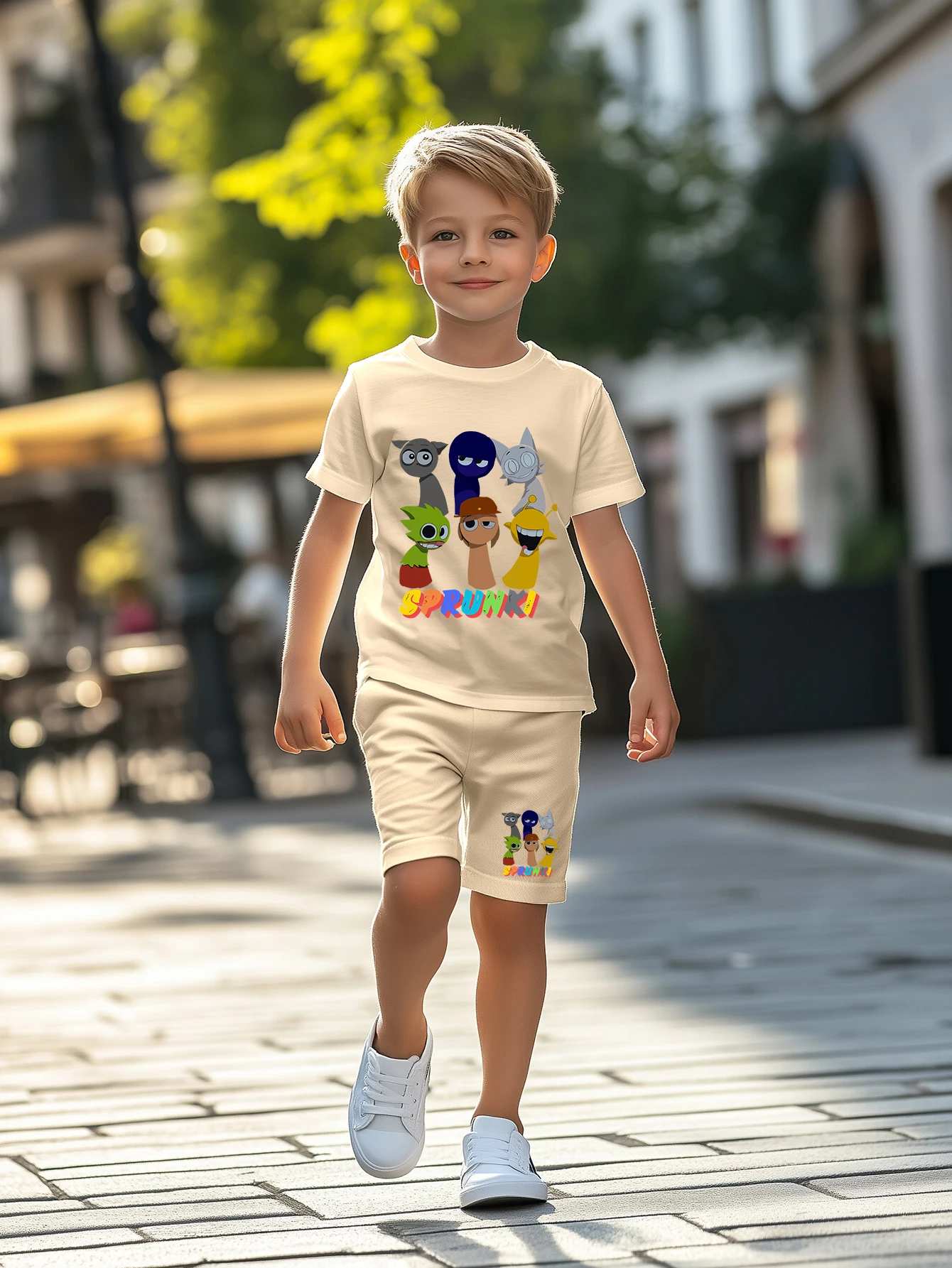 2-piece boys' comfortable casual creative sprunki printed short sleeved T-shirt and shorts set, summer outdoor clothing