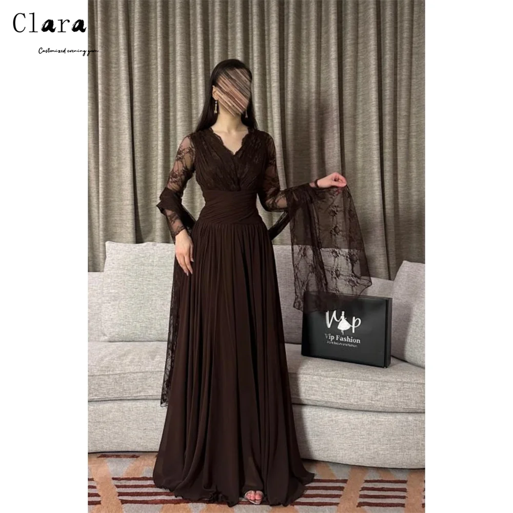 

Вечернее платье Clara Custom коричневое кружевное с V-образным вырезом и длинными рукавами для женщин, для свадеб и торжеств, коллекция 2026, роскошное элегантное платье