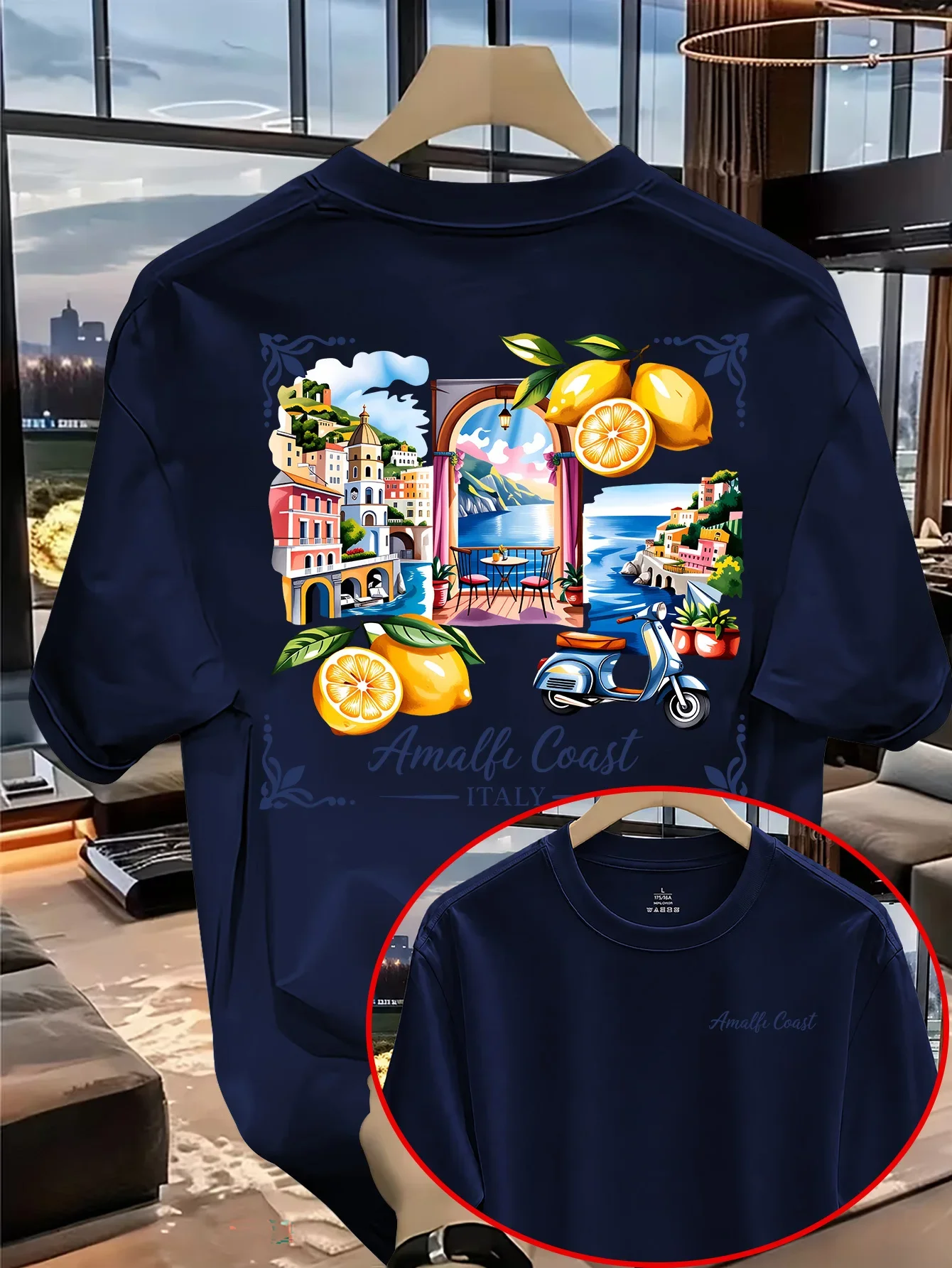 Men's Italian Amalfi Coast Pattern T-shirt 100% Cotton Summer Casual Short-Sleeve T-shirt Mediterranean Travel Print Top