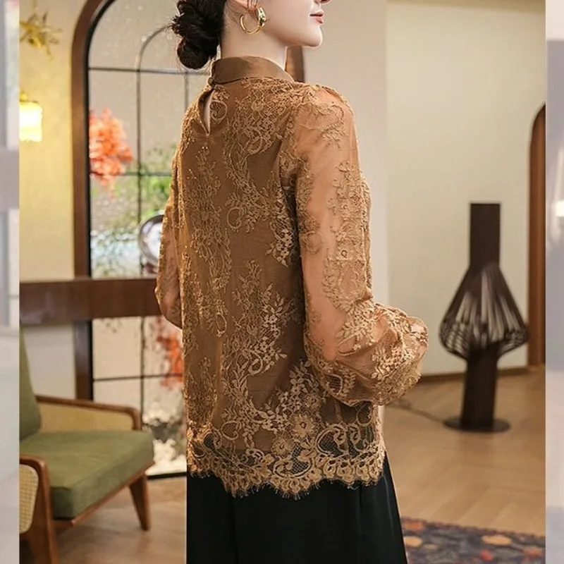Women\'s V-neck Patchwork Lace Hook Flower Hollow Spring and Autumn New Solid Color Long Sleeve Loose Pullover Chiffon Shirt Tops