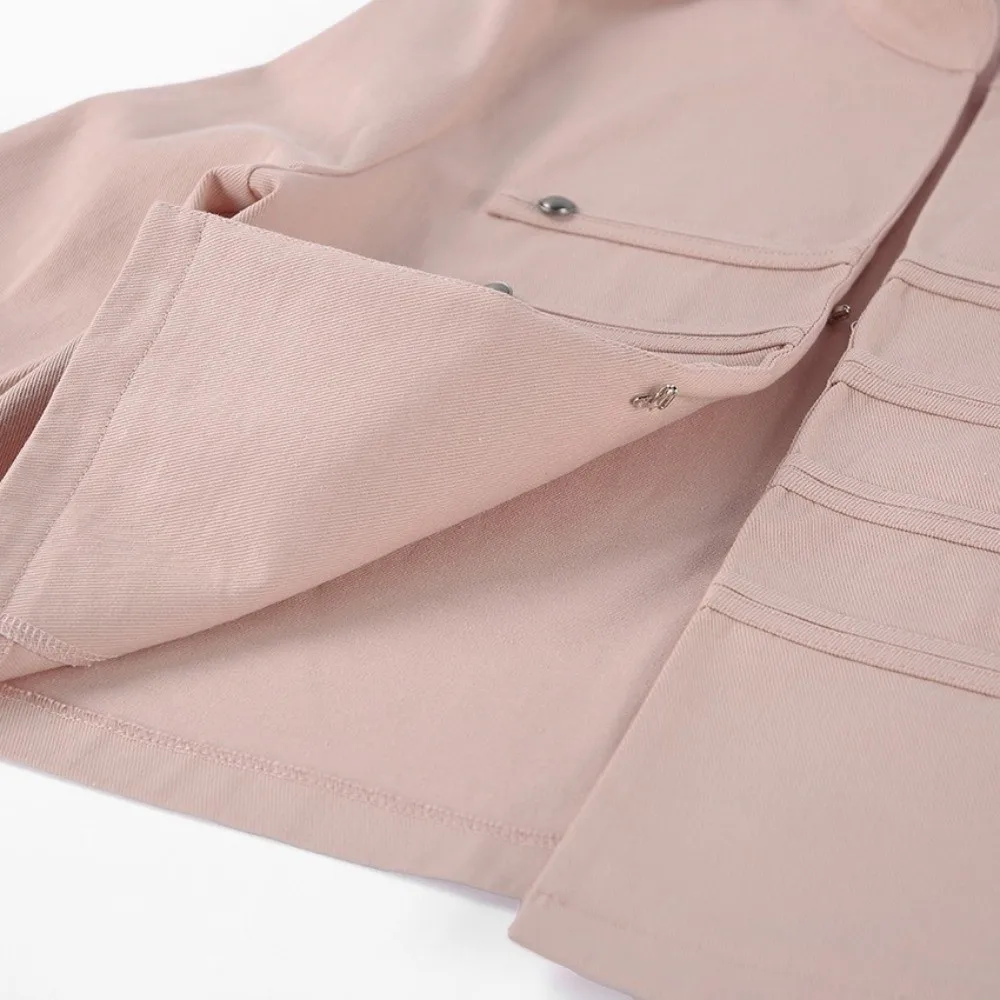 Stand Collar Women Napoleon Style Jacket Cropped Length Decorative Buttons Ladies Cropped Outerwear Strap Detail