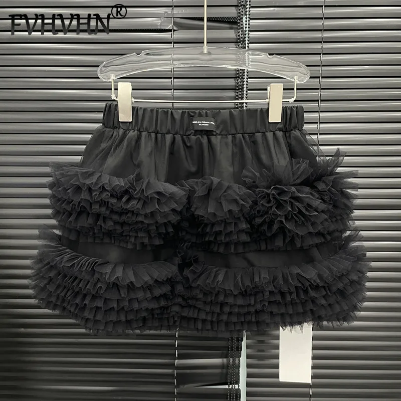 

FVHVHN Fashion Women's Mesh Spliced Cake Skirt Nice Design High Elastic Waist Puff Mini Skirt Female Trendy New Items 1A70