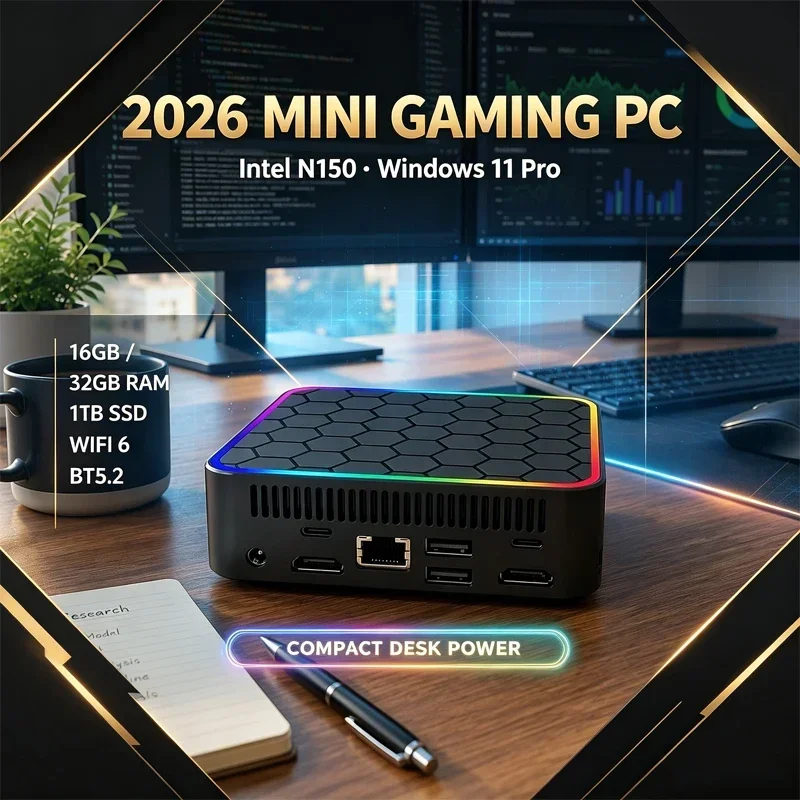Intel Core N150 MINI PC RGB Gaming Mini PC Windows 11 Pro 16GB RAM 1TB SSD WiFi6 BT5.2 Compact Desktop Computer For Home Office