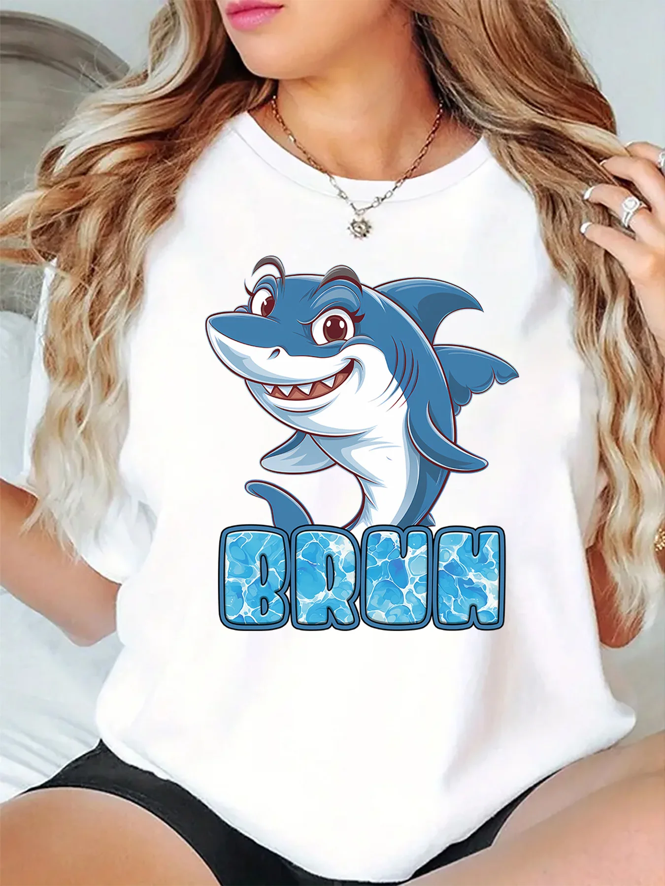 Cute Bruh Cartoon Shark Ocean Wave Text Design Art Print Graphic Womens T Shirt Short Sleeve Crew Neck Casual Ladies Tee Tops
