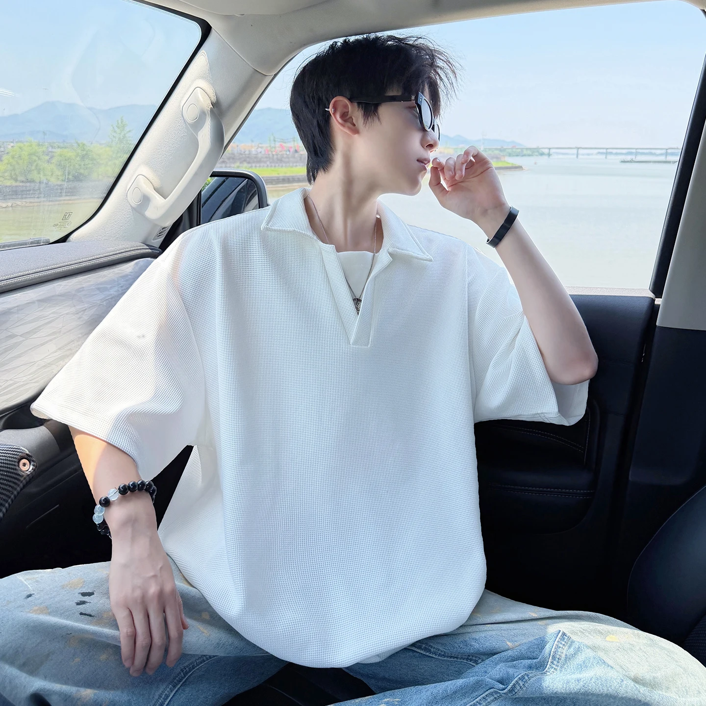Summer New Style Men's Two-Piece V-Neck Short-Sleeved T-Shirt with Collar and Half Sleeve- Loose Fit