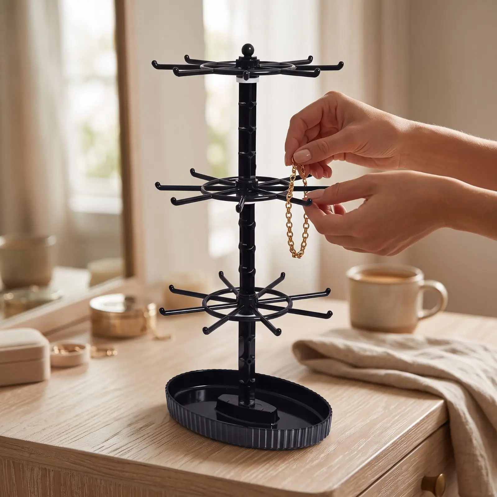 Multi Layer Rotating Jewelry Stand with Hanging Arms and Bottom Tray for Necklace Bracelet Earring Storage Display