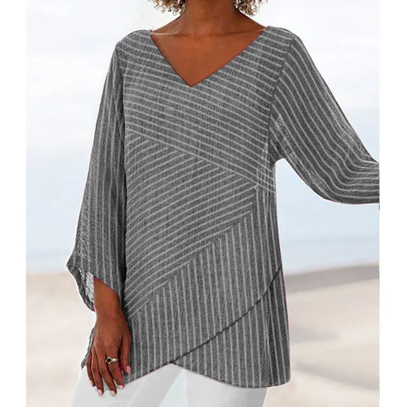 Elegant Stripe Print Deep V Neck Pullover Shirt Irregular Crossover Splicing Blouse Female Simple Style Cotton Linen Casual Tops