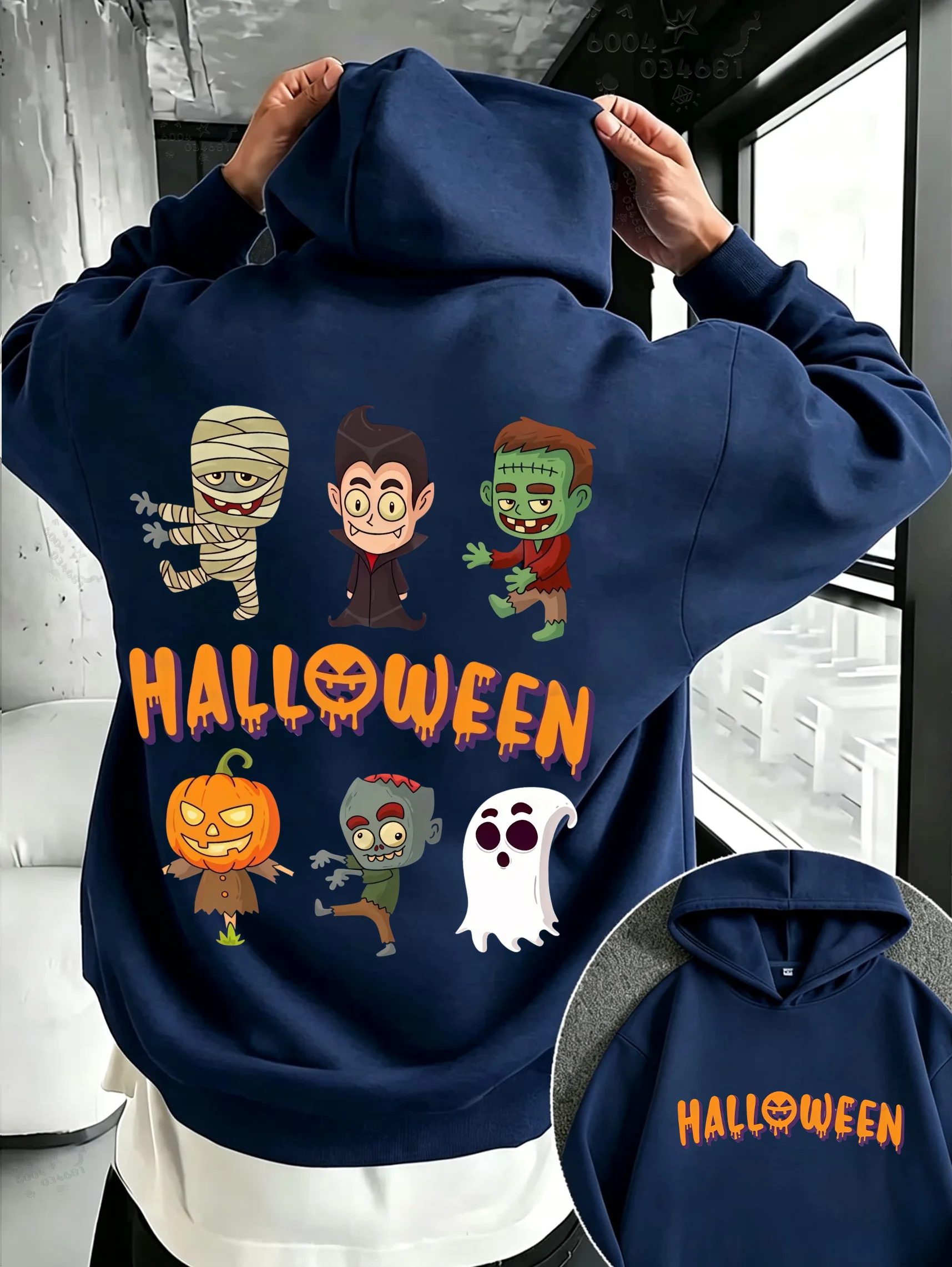 Halloween Men's Street Hoodie with Cartoon Witch, Zombie, Ghost and Pumpkin Double-sided Print, Couple Loose Pullover Sweater