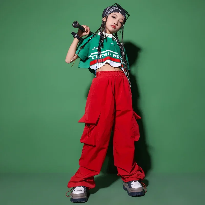 

Кроп-топ с воротником-поло, футболка, повседневные брюки-карго на шнуровке с карманами, шорты, костюм для джазовых танцев для девочек, одежда для детей, одежда в стиле хип-хоп